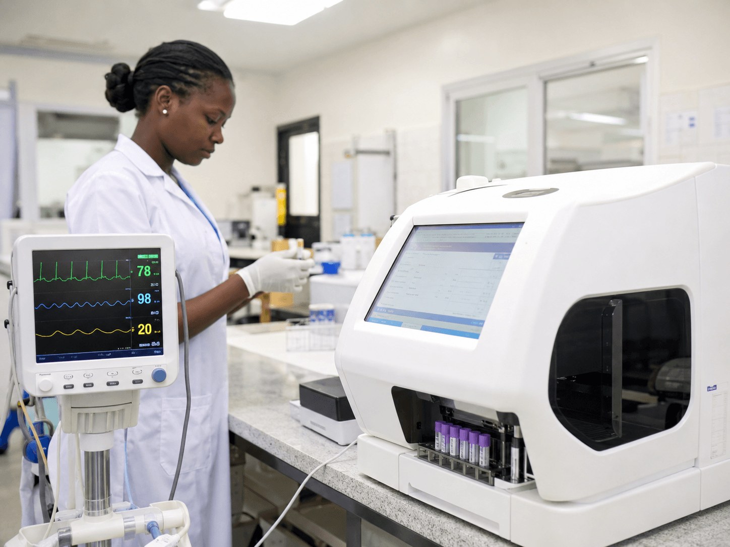 Lab analyzer beside a vitals monitor