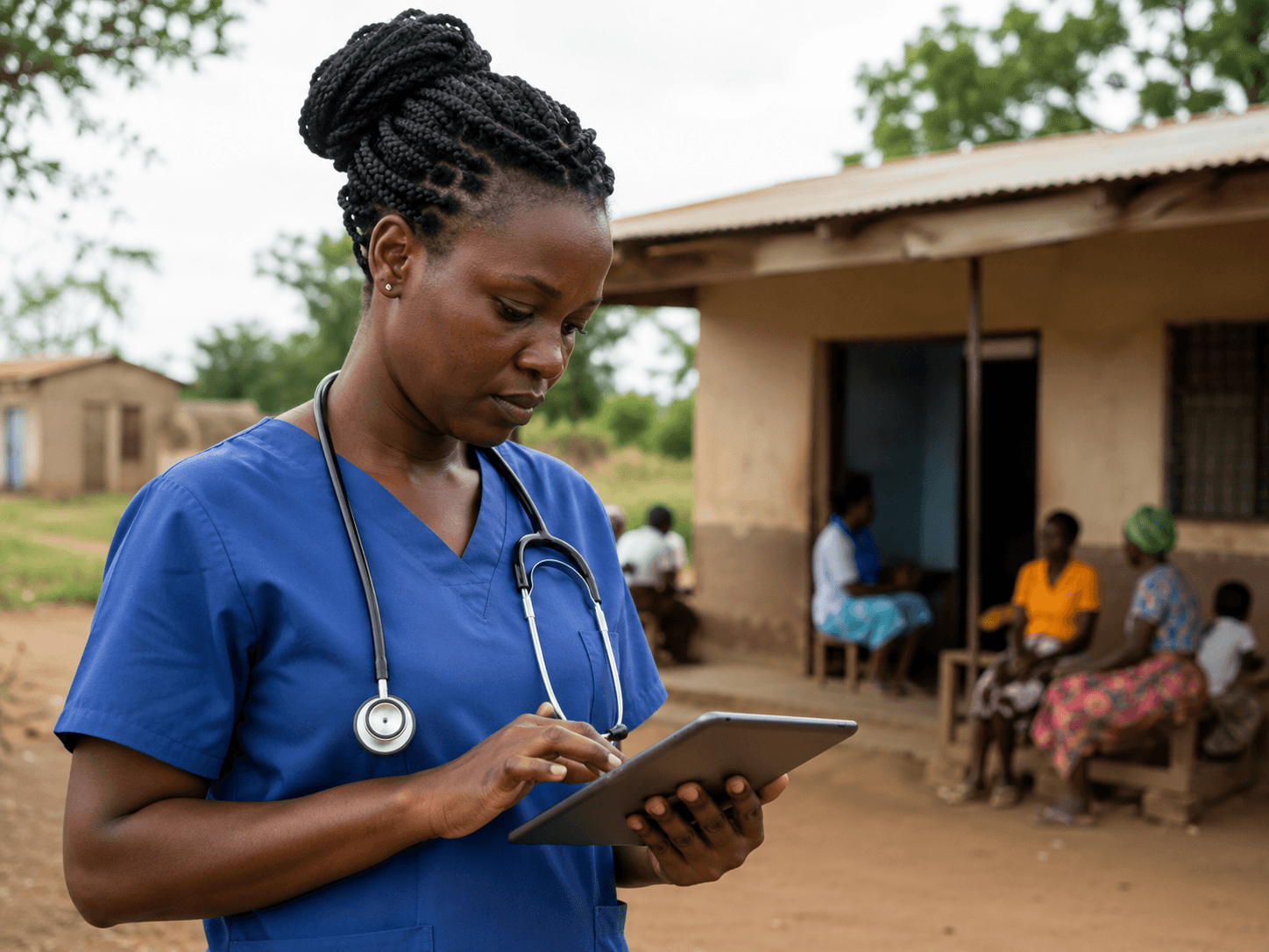 Health worker using a tablet in the field